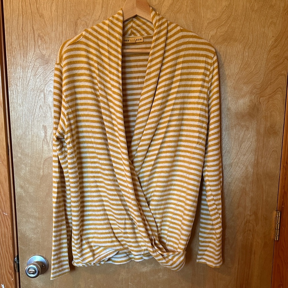 Soft and Fluffy Yellow and White Striped Faux Wrap Cardigan Sweater